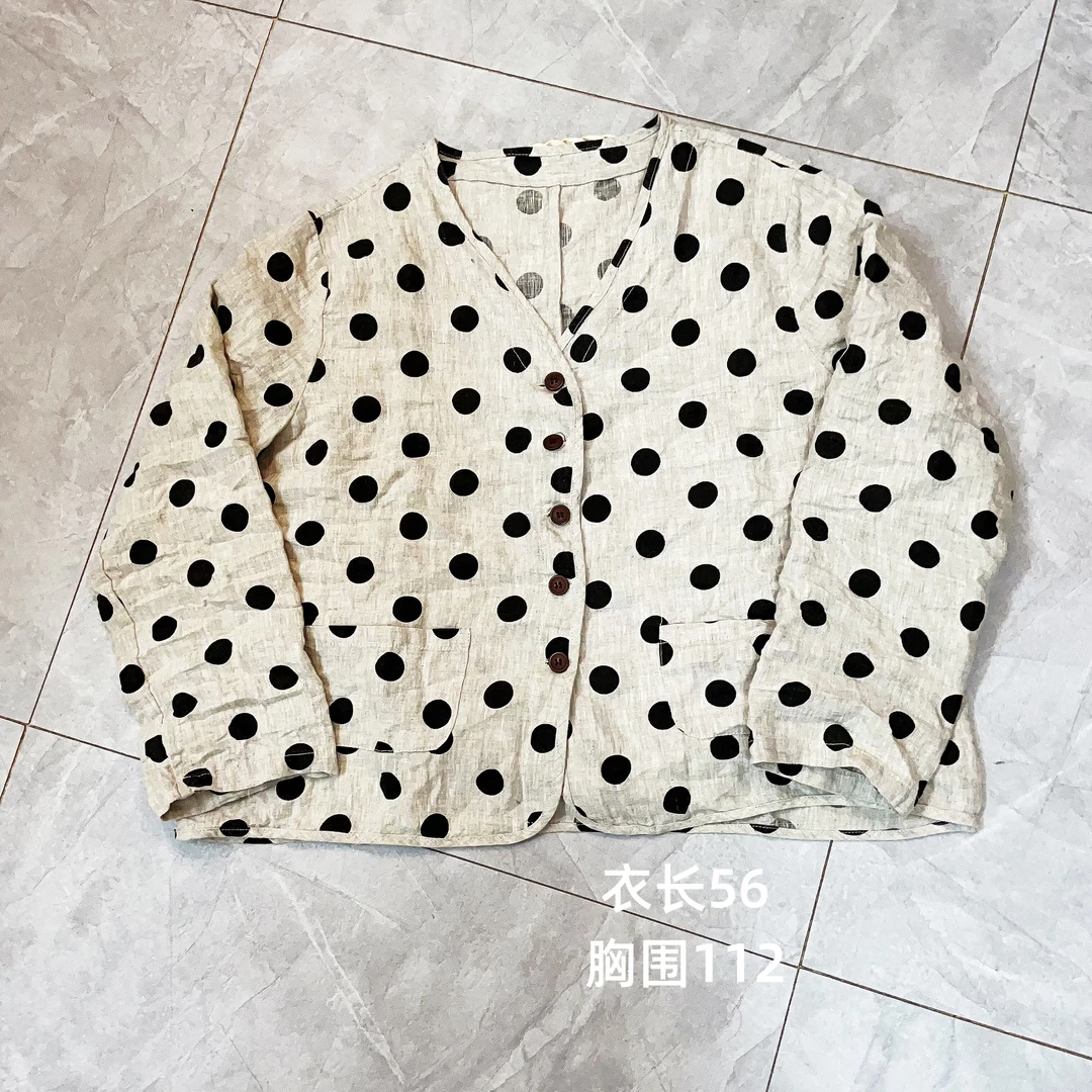69119亚麻波点V领上衣均码衣长56胸围112