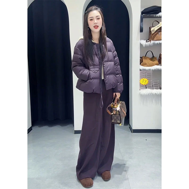 2025年秋冬季淑女风气质圆领长袖棉服外套高腰垂感休闲裤子两件套