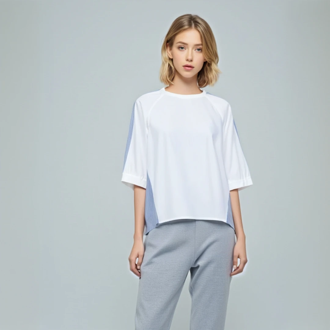 767号 拼接条纹圆领T恤宽松设计感休闲透气上衣