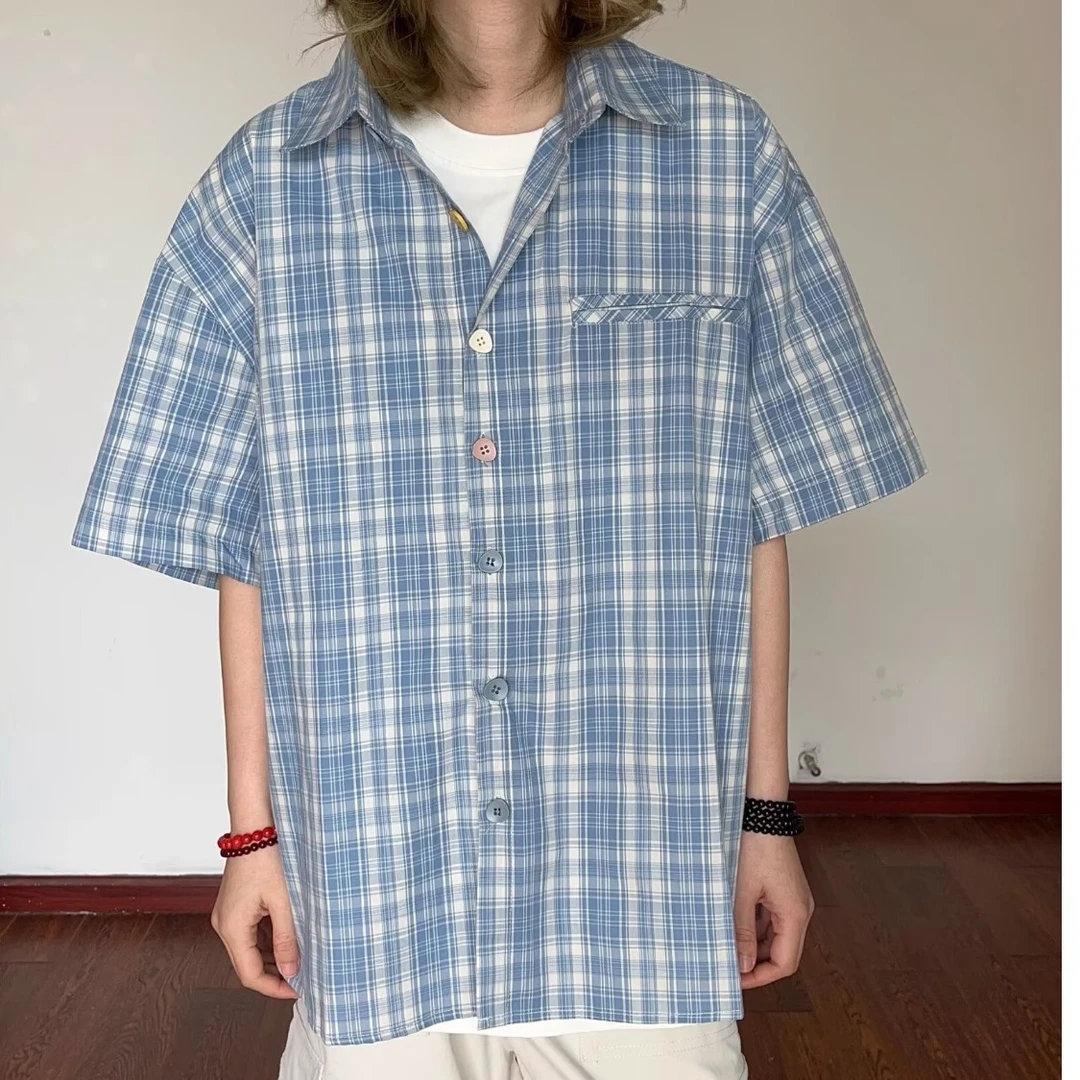 夏季新款日系少年感慵懒休闲色织蓝色格子宽松撞色纽扣短袖衬衫