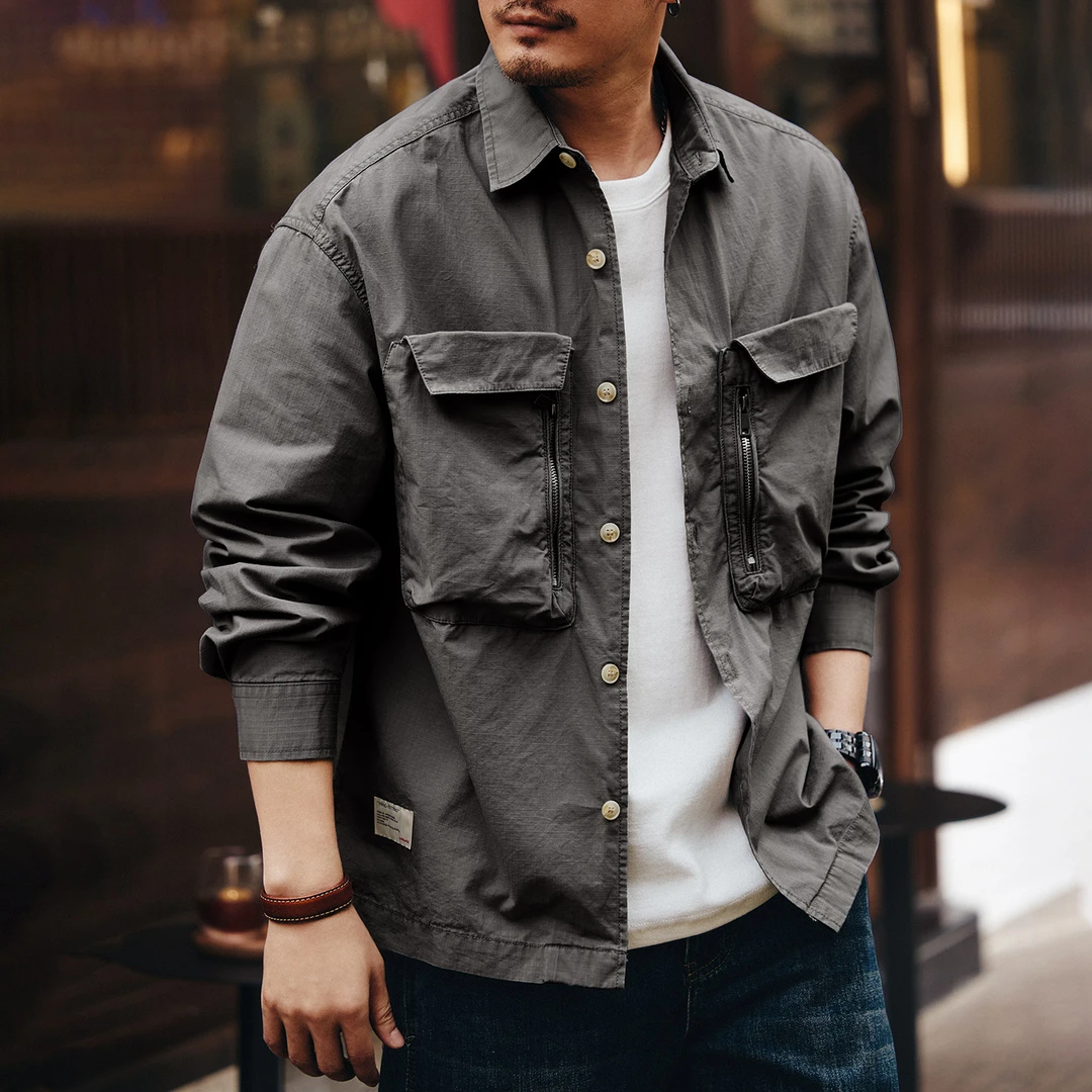 格蓝鹿日系复古拉链口袋设计工装衬衫男宽松秋季新款格纹衬衣外套