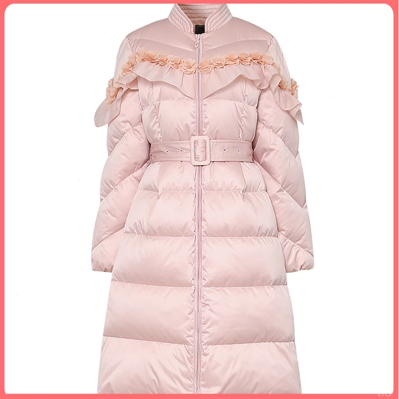 冬季2025新款女装雾粉色立领中长款高级感加厚收腰过膝羽绒服