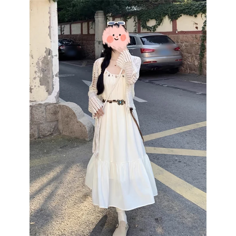 大码春季套装气质收腰吊带连衣裙镂空开衫两件套8829#