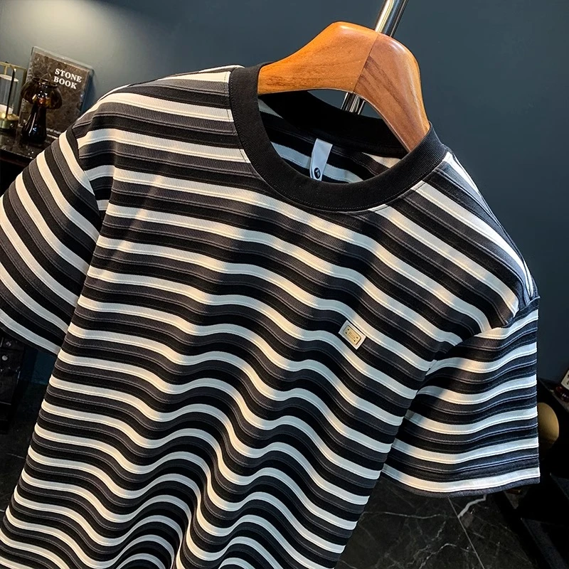 JJ条纹t恤男2025年夏季新款潮牌圆领半袖上衣宽松休闲港风短袖T恤