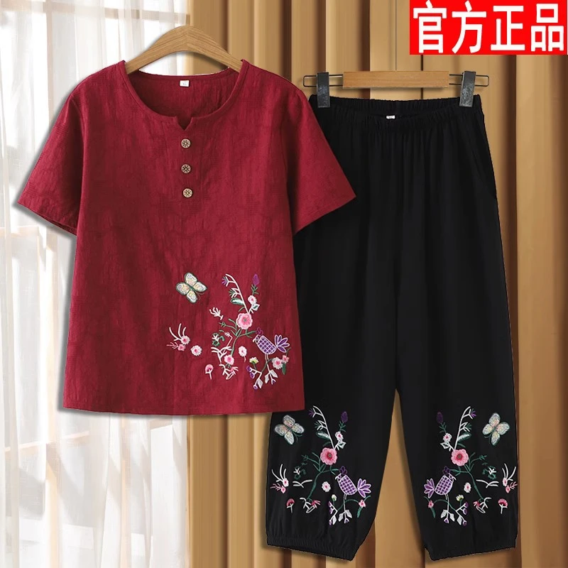 中老年妈妈女装短袖套装宽松t恤2025新款奶奶夏装老太太衣服老人
