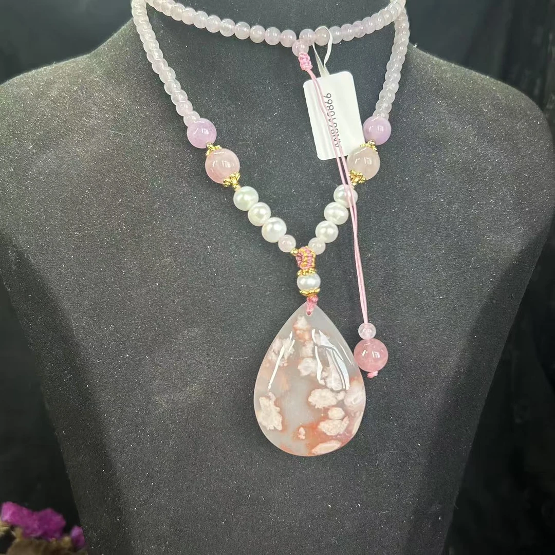 【玉合缘】天然樱花玛瑙水滴搭配粉水晶毛衣链颈式链 6504