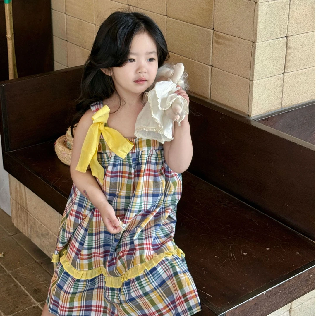 2025夏季新款韩版休闲甜美女宝连衣裙彩色格子蝴蝶结吊带背心裙