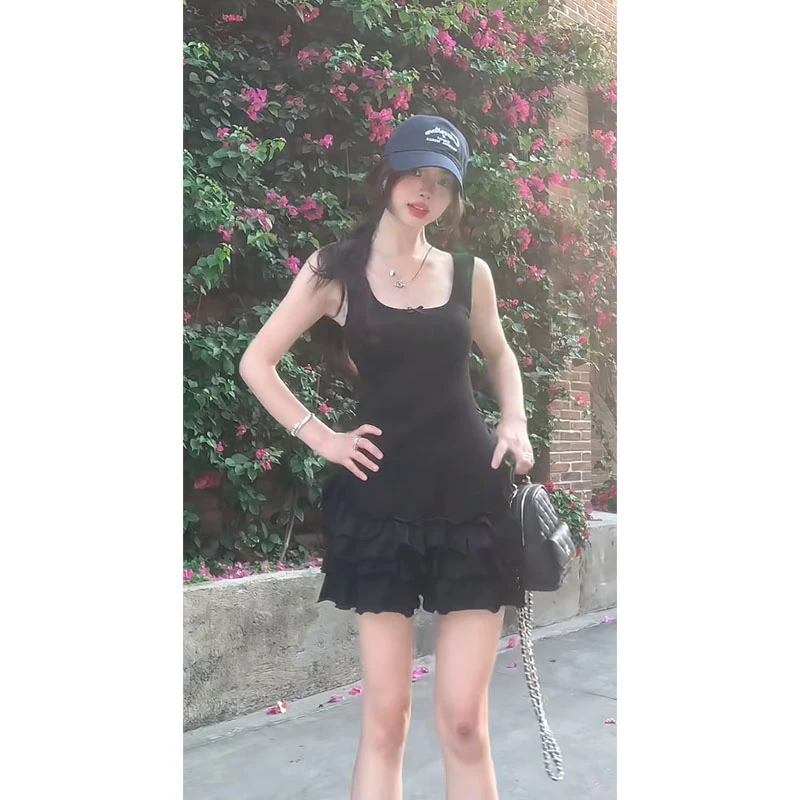 韩系气质黑色荷叶边拼接背心连衣裙女夏季芭蕾风收腰显瘦A字短裙