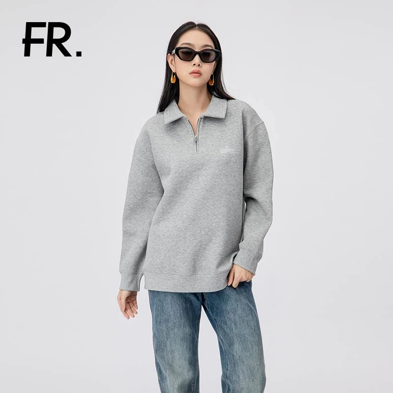 凡人优品女士灰色半拉链立领纯色卫衣W828