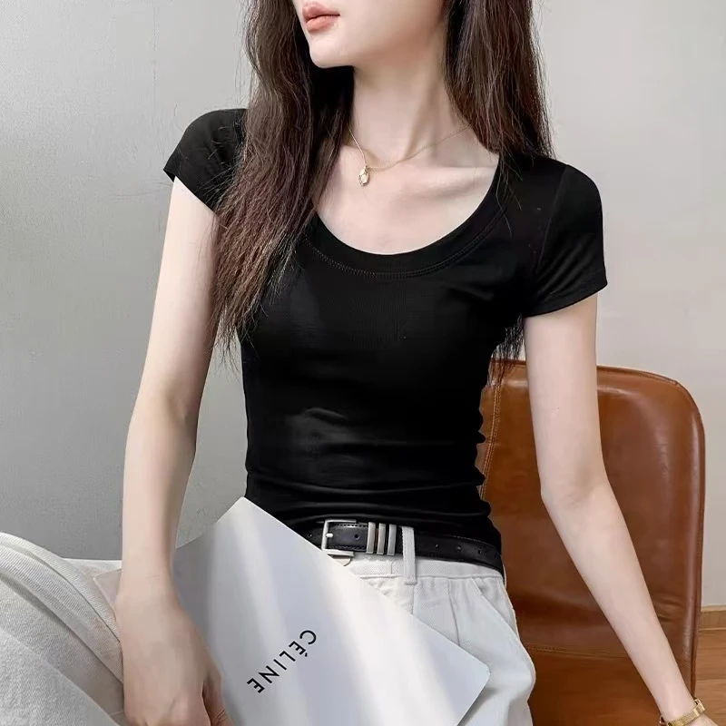 大圆领t恤显瘦运动短款时尚百搭夏季紧身简约修身网红性感女纯色