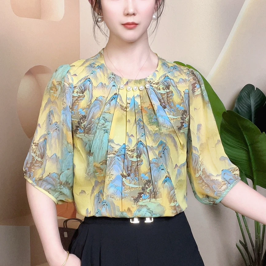 中袖夏季新款衬衫女设计感珠子款气质百搭减龄衬衣女