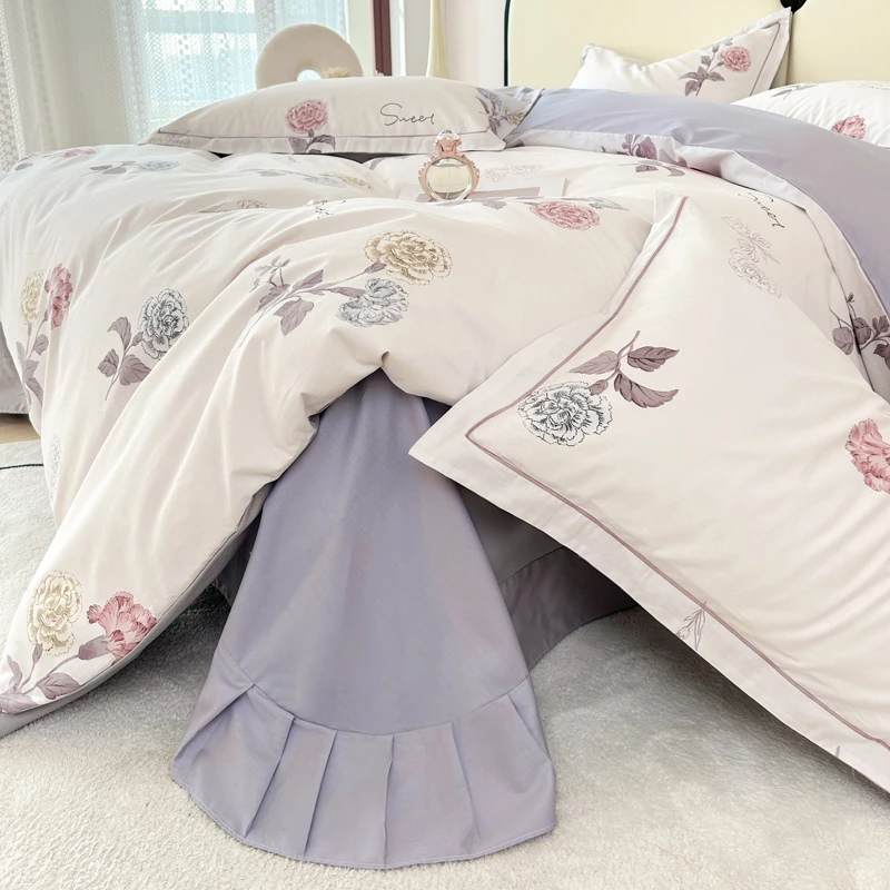 美作师新款全棉100纯棉四件套被套床单床笠款春夏季床上用品被罩