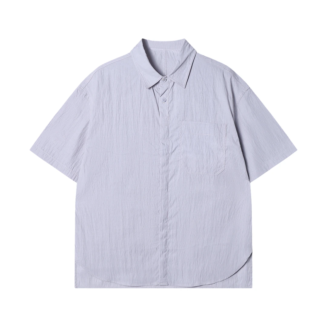 夏季高级感新款美式简约纯色不规则短袖衬衫百搭休闲潮流男士衬衣