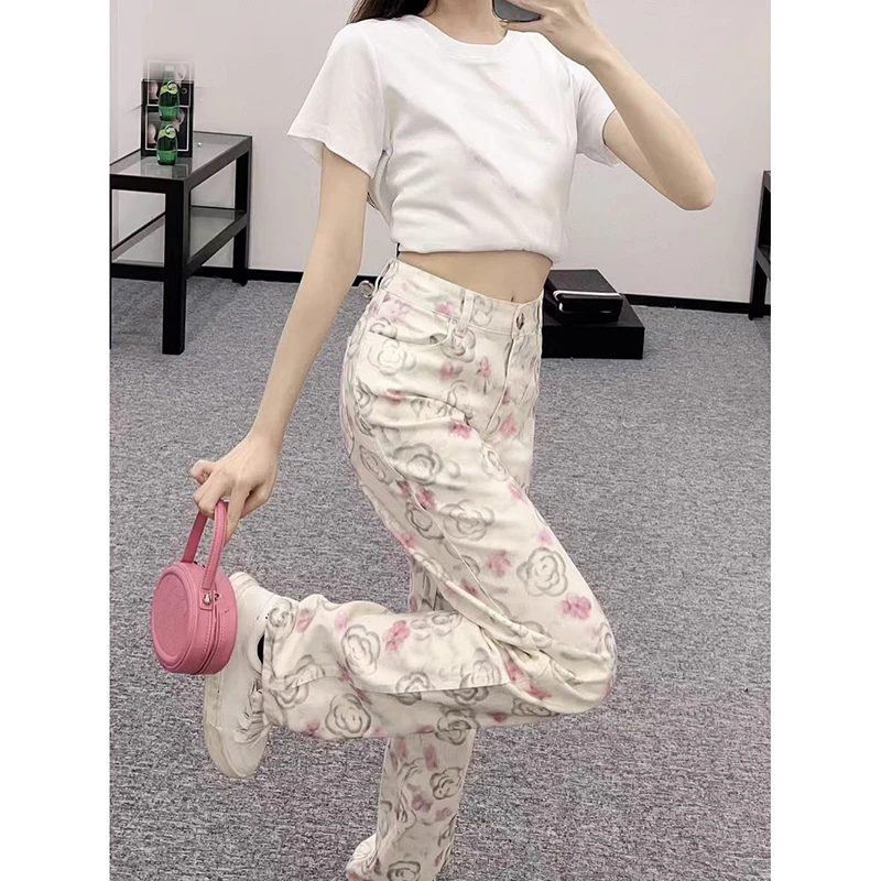 小香风牛仔裤2025春季新款山茶花印花百搭休闲直筒裤显瘦碎花女孩