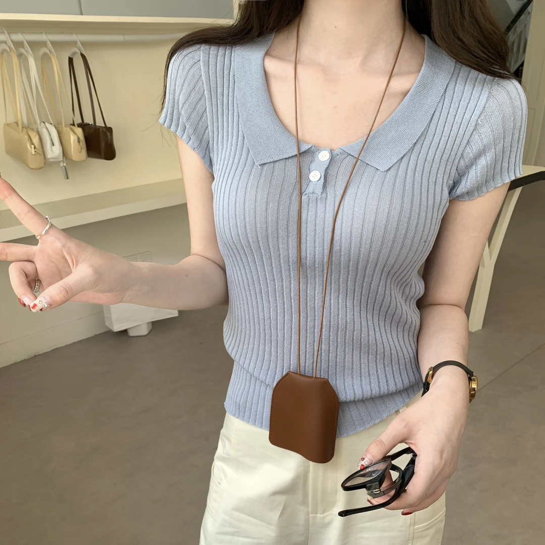 蓝色polo领冰丝针织短袖正肩t恤女夏季法式独特别致短款上衣薄款