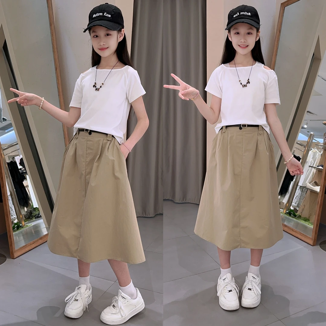 女童夏季时尚漏肩T恤套装2025新款简约短袖t女大童洋气炸街半身裙