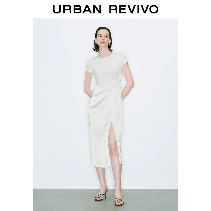【HOT】UR2025夏季新款女装褶皱开衩短袖连衣裙UWM750078