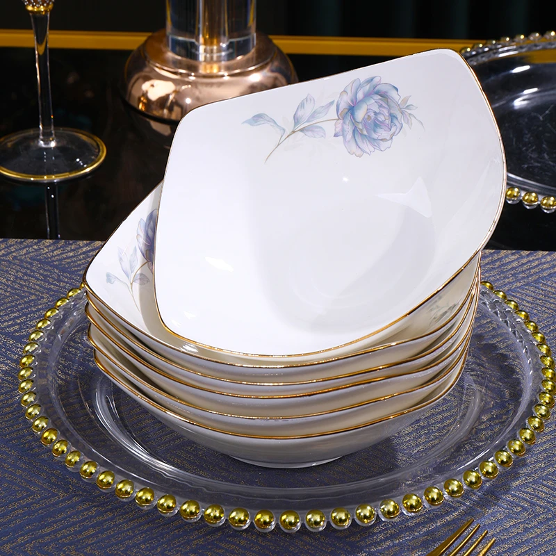 【6只装】电光金蓝色妖姬8英寸翘角碗陶瓷菜盘简约菜盘家用创意