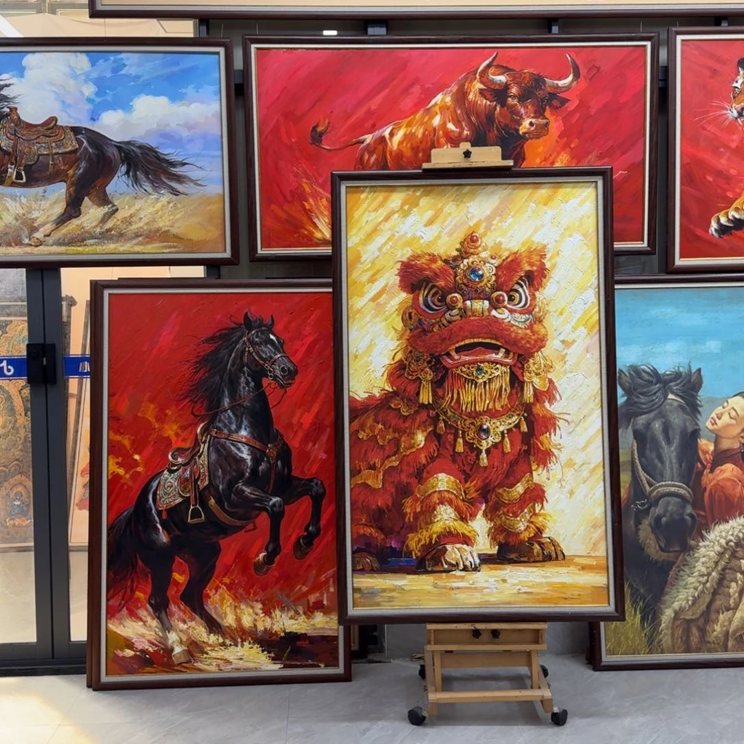 版画醒狮油画带框30*50cm