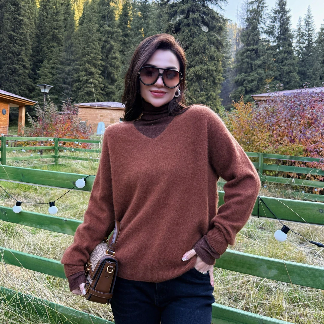 MUBINE 冬季爆款宽松百搭拉毛针织V领羊毛羊绒打底衫 25246