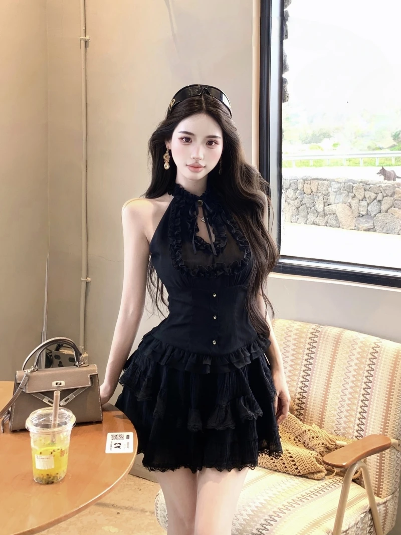 纯欲气质挂脖修身上衣女夏季设计感蕾丝拼接侧腰拉链收腰衬衫新款