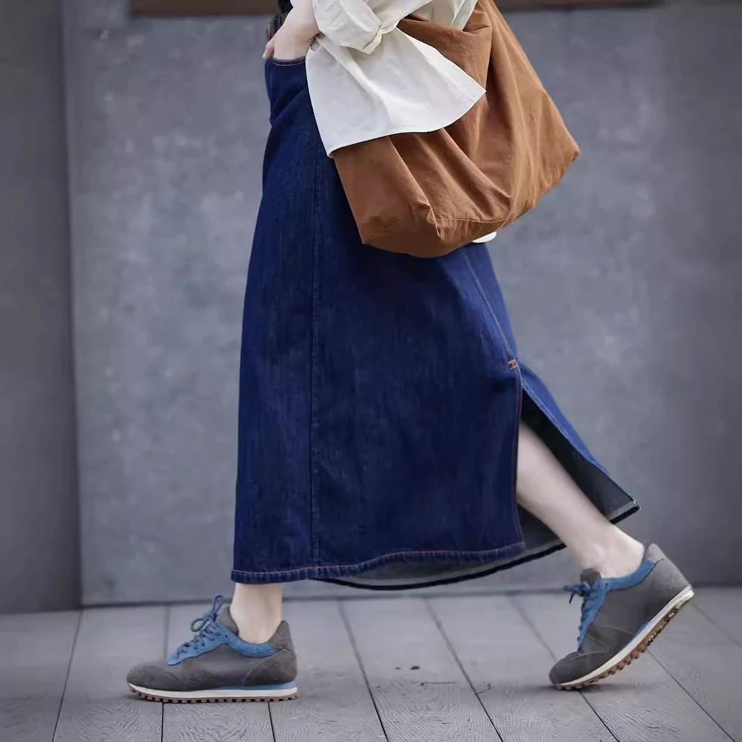 夏款牛仔蓝汉麻棉半松紧腰开叉半身裙