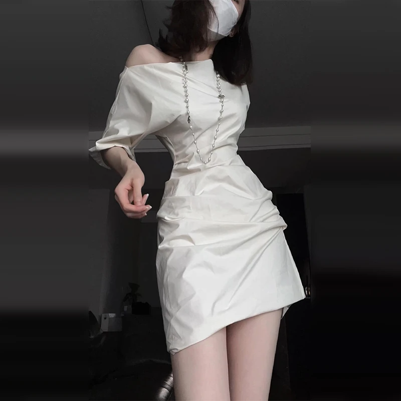 法式气质高级感斜肩独特掐腰连衣裙子女夏季2025新款褶皱收腰3494