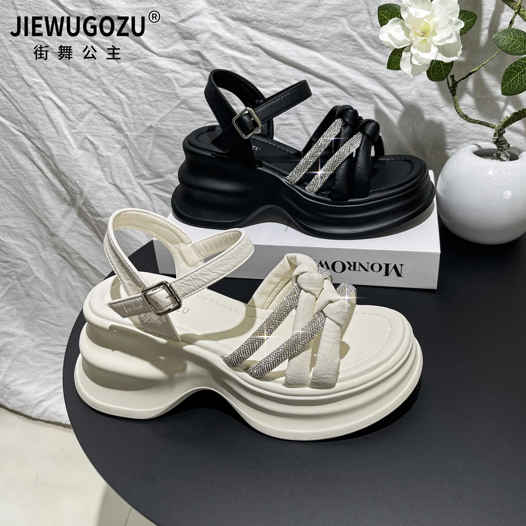 甩货~外穿沙滩水钻凉鞋女2025新款交叉带厚底增高罗马松糕鞋2539