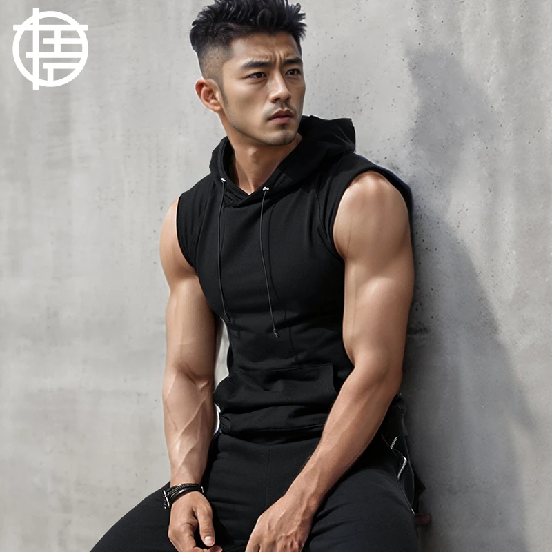 连帽背心男士无袖t恤卫衣修身运动健身衣服纯色棉带帽坎肩戴帽衫