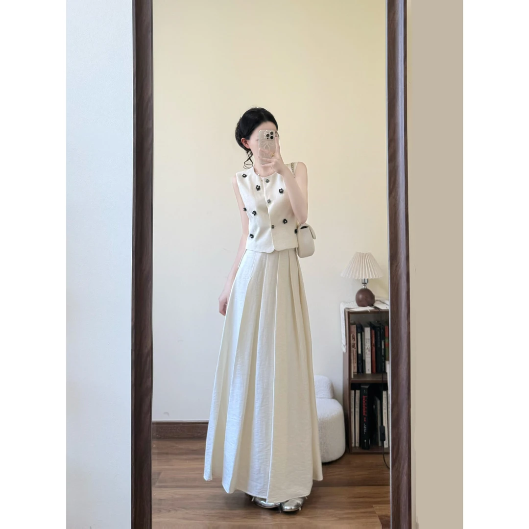 parkyeon法式小香风名媛气质无袖马甲花朵上衣女百褶半身裙套装