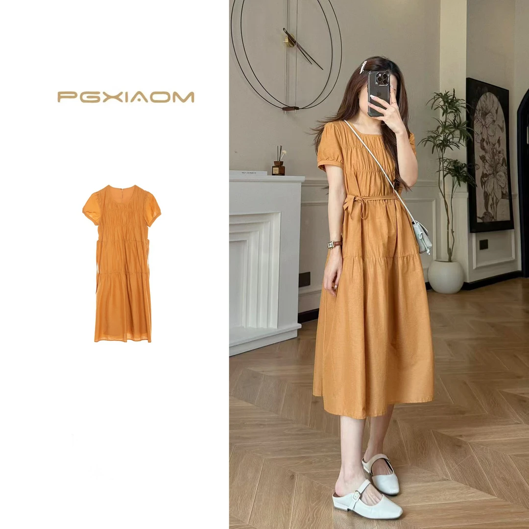 【PGXIAOM】润秀定制橘色温柔风连衣裙QZ10068 （没有口袋）