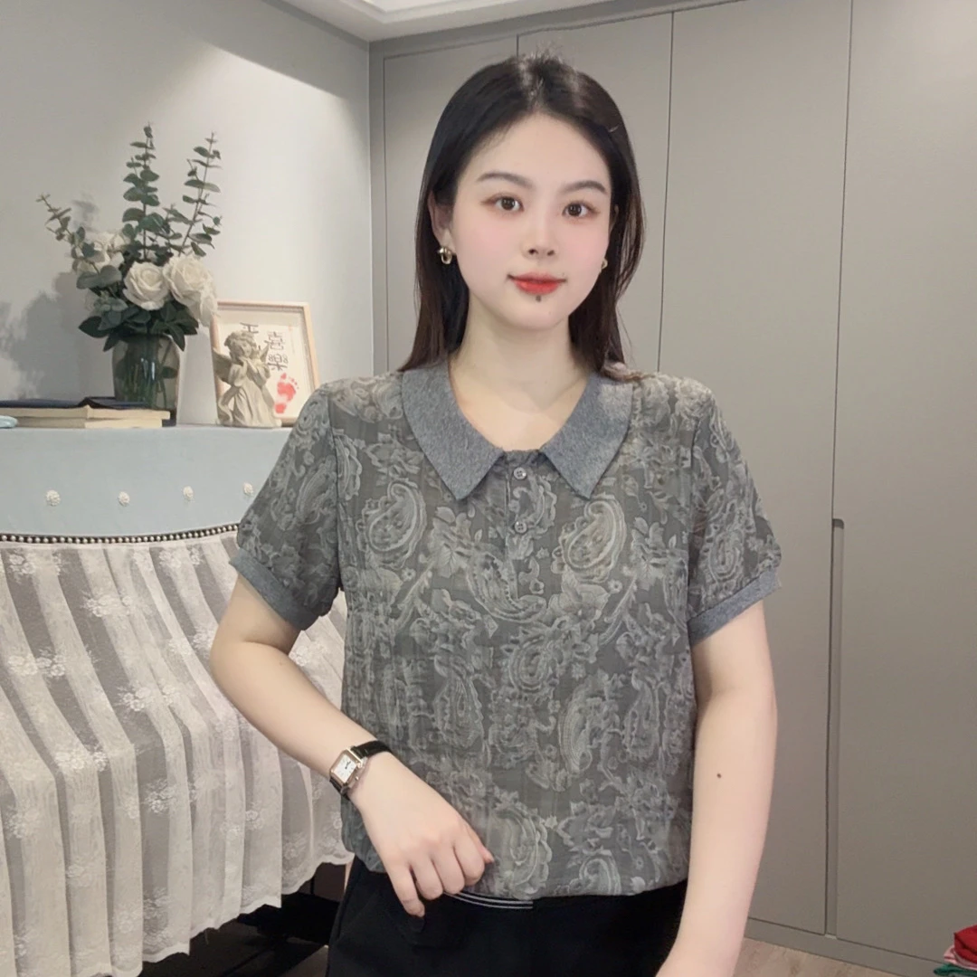 【清仓】夏季提花翻领新款时尚宽松薄款短袖女T恤洋气百搭显瘦上衣