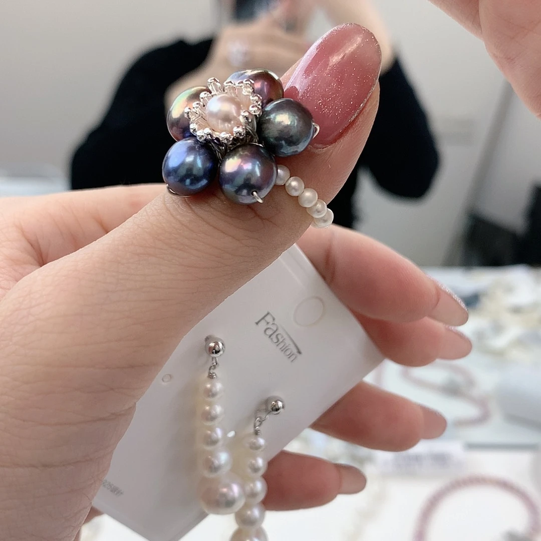 银S925镶嵌耳饰淡水珍珠绿戒指