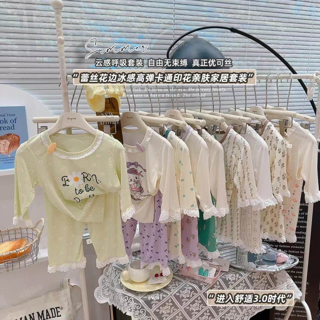 夏季50支优可丝七分袖套装女童家居宝宝空调服薄款款女童夏装