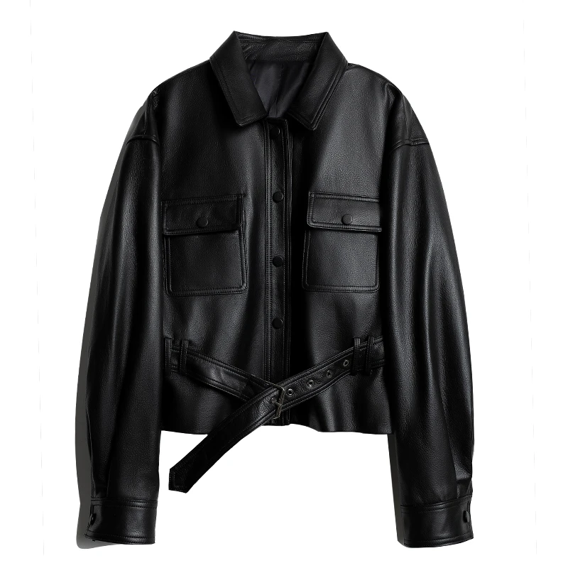 气质翻领衬衫式腰带修身显瘦绵羊皮泡皮工艺真皮皮衣外套女