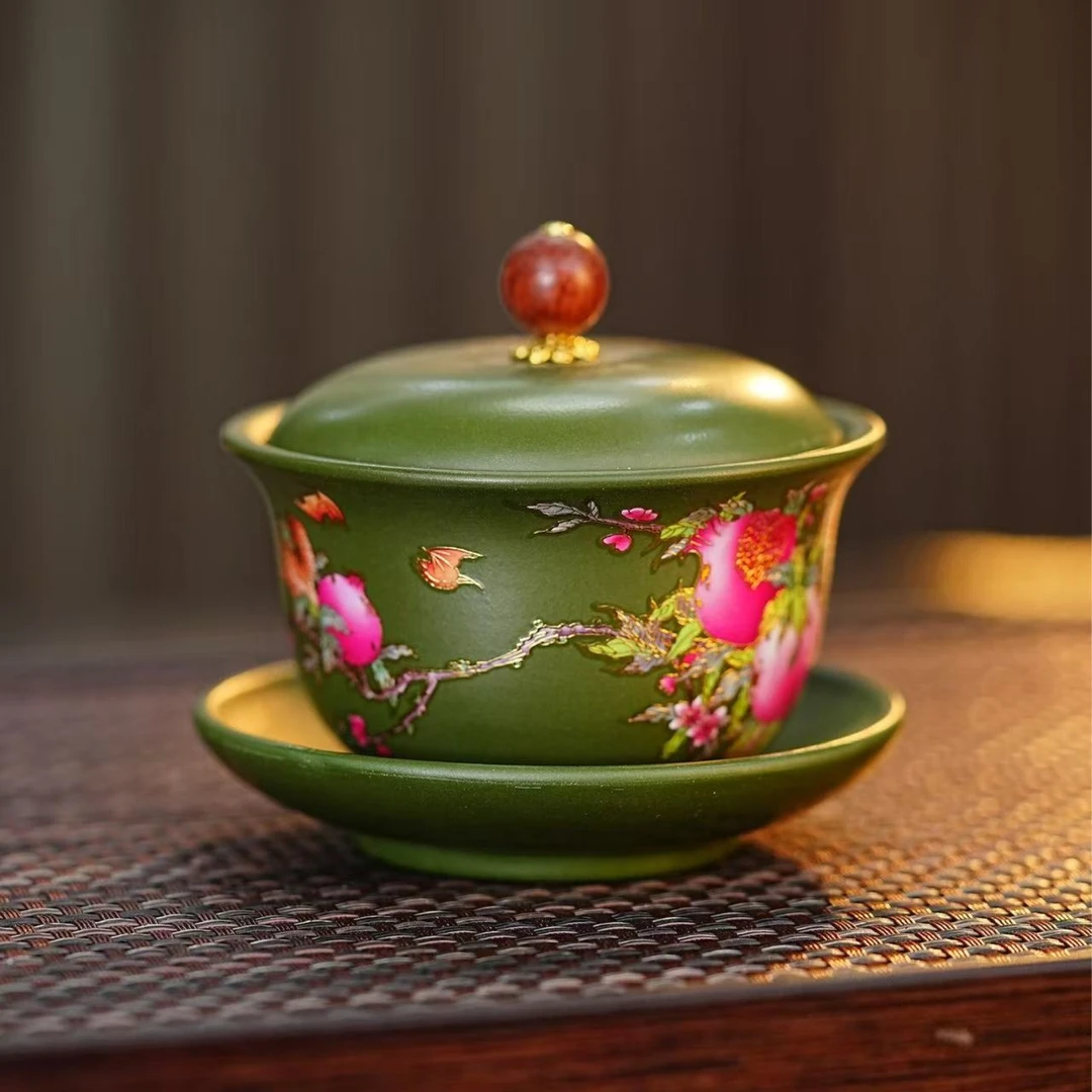 宜兴紫砂茶具 原矿绿泥泥料全手绘墨绘点彩寿桃石榴盖碗品茗杯