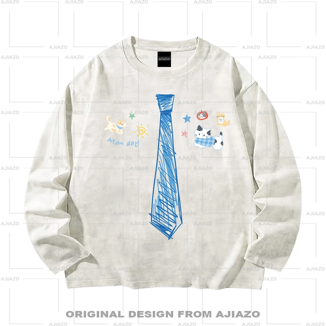 OFF M【手绘猫咪领带】扎染长袖T恤 复古重磅男女同款宽松百搭上衣