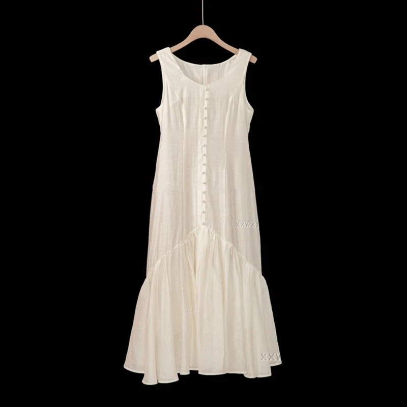 小清新纯色简约风时尚百搭海岛人鱼尾摆连衣裙#z1686