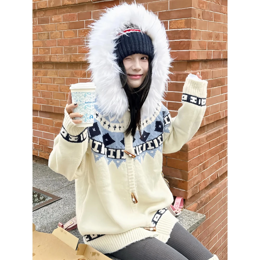 毛领费尔岛毛衣男女秋冬季慵懒高级感牛角扣连帽针织情侣外套