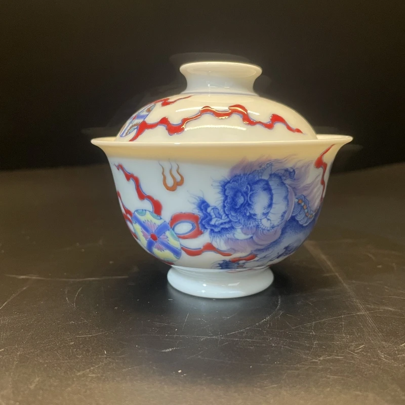 12.28a/N200580/01028/青花狮子滚绣球盖碗/口径9.5/高8.2/120cc