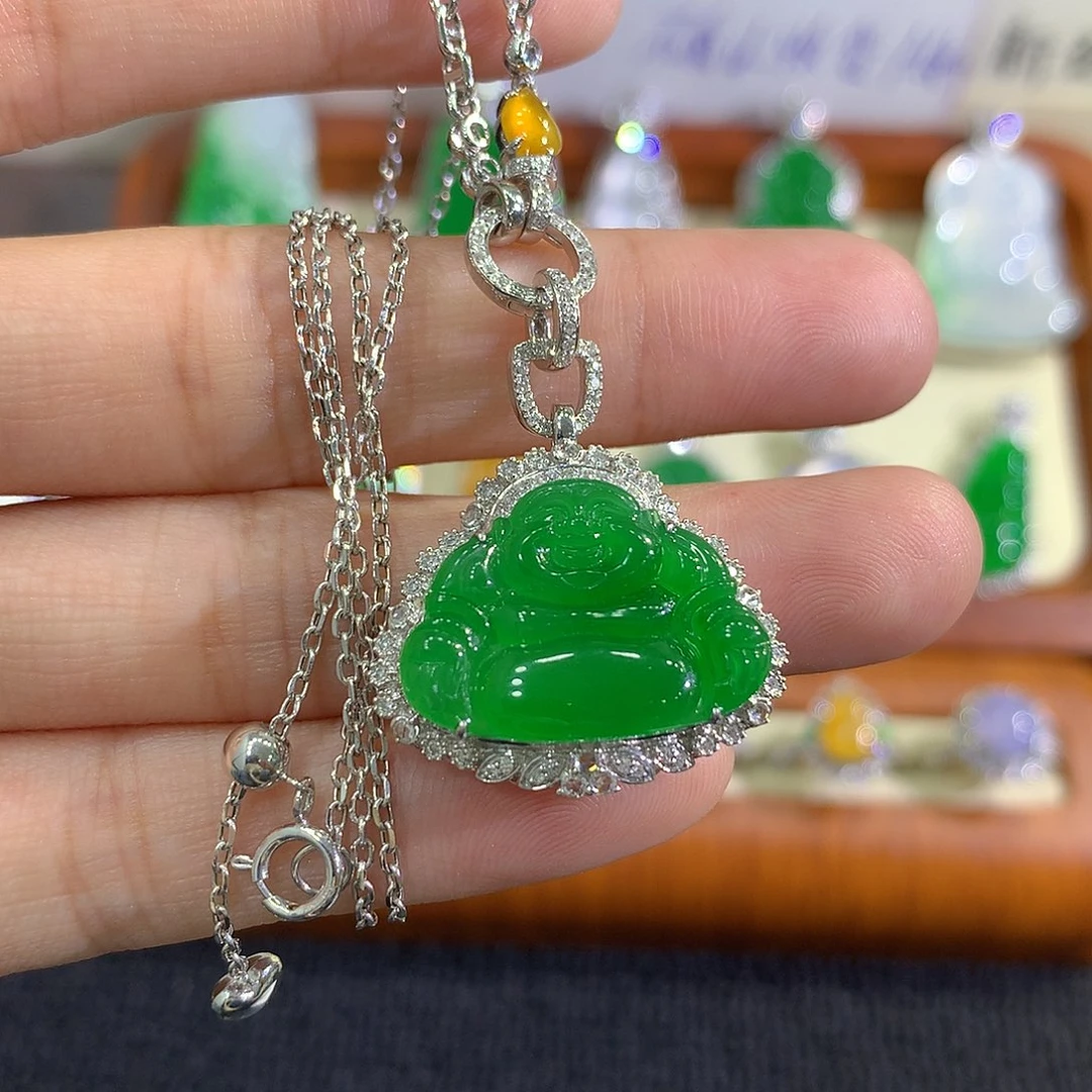 翡翠18K金镶嵌套链佛公