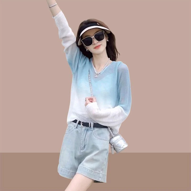 薄款冰丝针织罩衫女夏季2025新款连帽防晒长袖t恤百搭气质空调衫