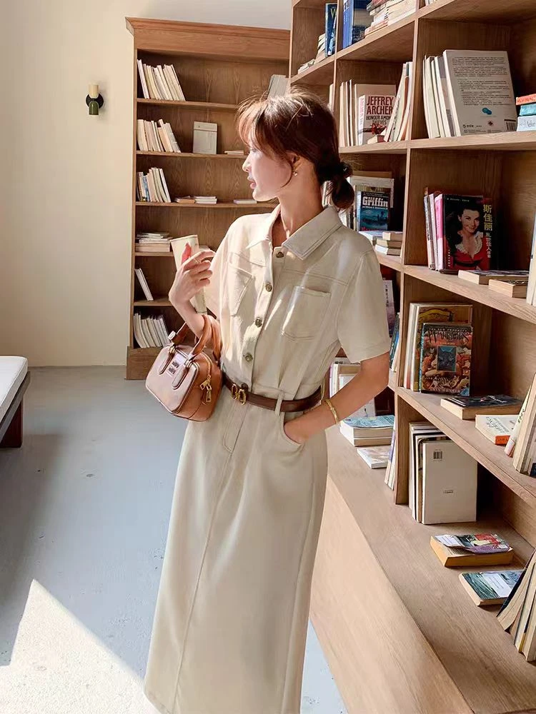 气质中长款连衣裙收腰显瘦翻领短袖洋气修身休闲风夏季减龄裙子