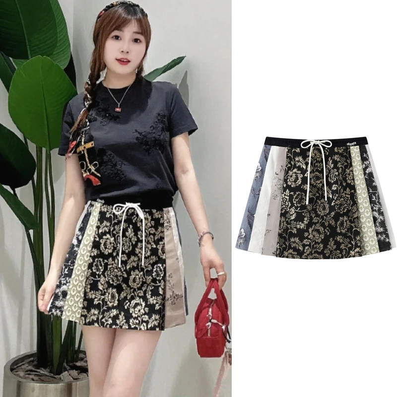 百搭高腰松紧腰系带复古提花拼色百褶裙半身裙短裙【8130】