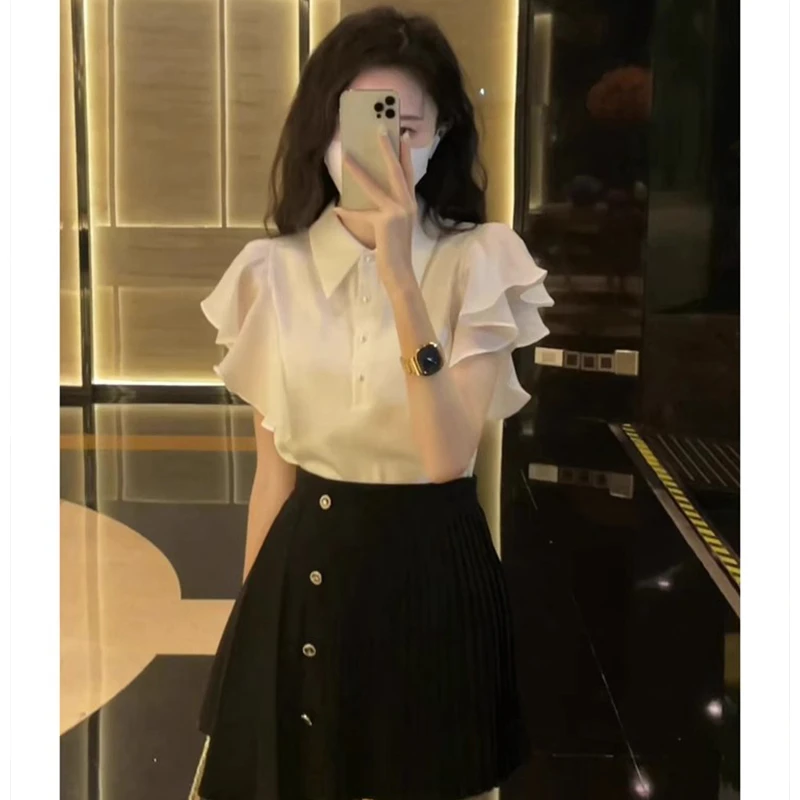 【两件套】穿搭夏季新款Polo领小飞袖上衣高腰显瘦半裙套装D1344