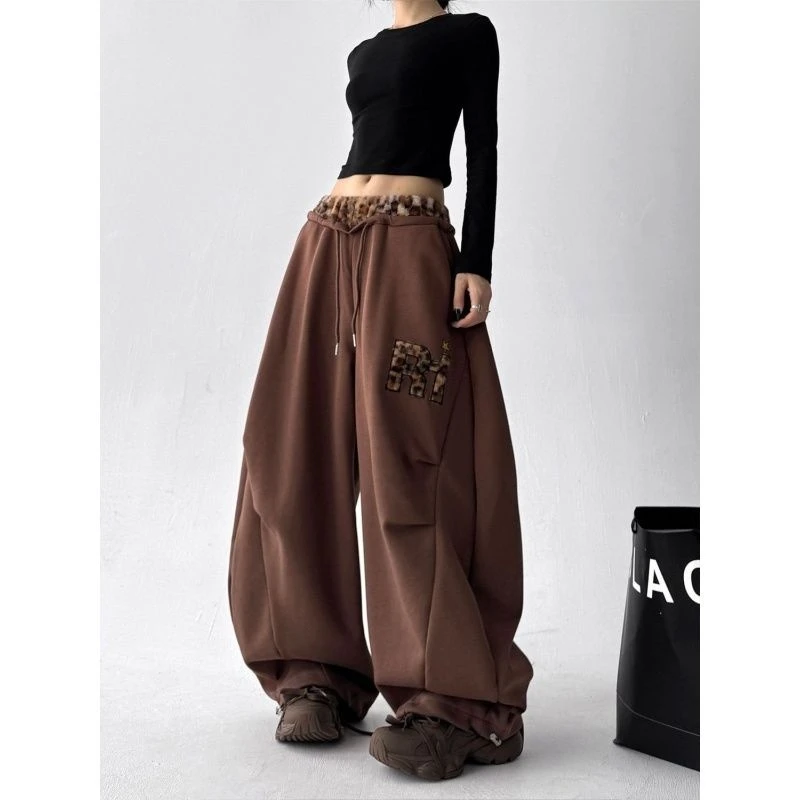 美式复古弯刀卫裤女款毛绒豹纹刺绣拼接小众个性爵士舞宽松阔腿裤