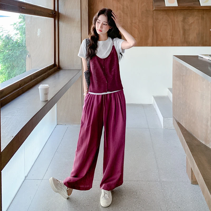 韩系穿搭一整套女2025夏季新款设计感小众吊带T恤阔腿裤三件套装