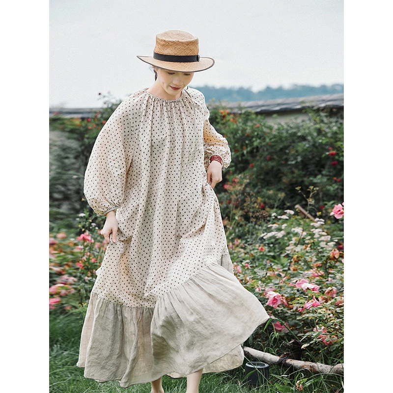 春季新款文艺复古棉麻原创女装月见草咖灰碎花亚麻棉圆领长连衣裙