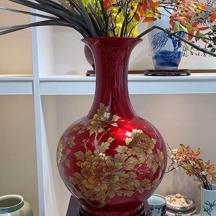 陈****摆件56cm大红牡丹瓶