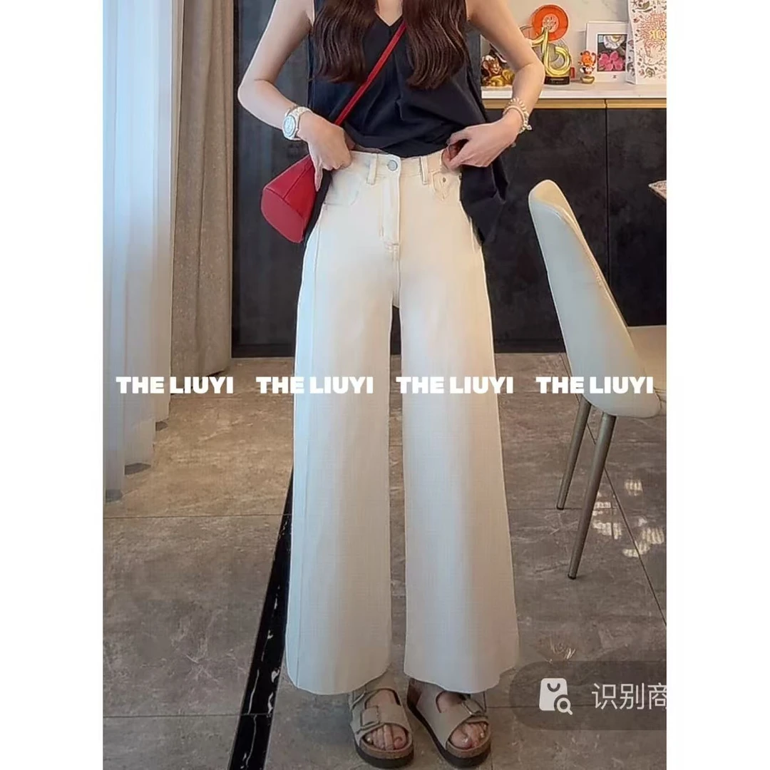 【LIUYI】夏季四面弹高腰白色九分直筒牛仔裤54185